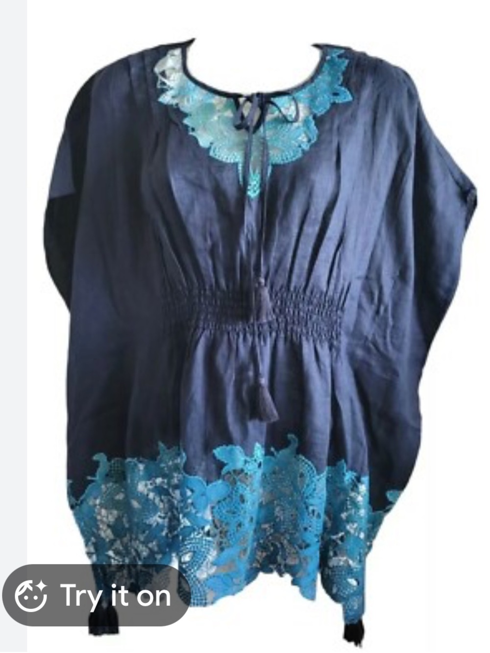 Elie Tahari 100% Linen Navy Blue Tunic with Turquoise Lace Trim